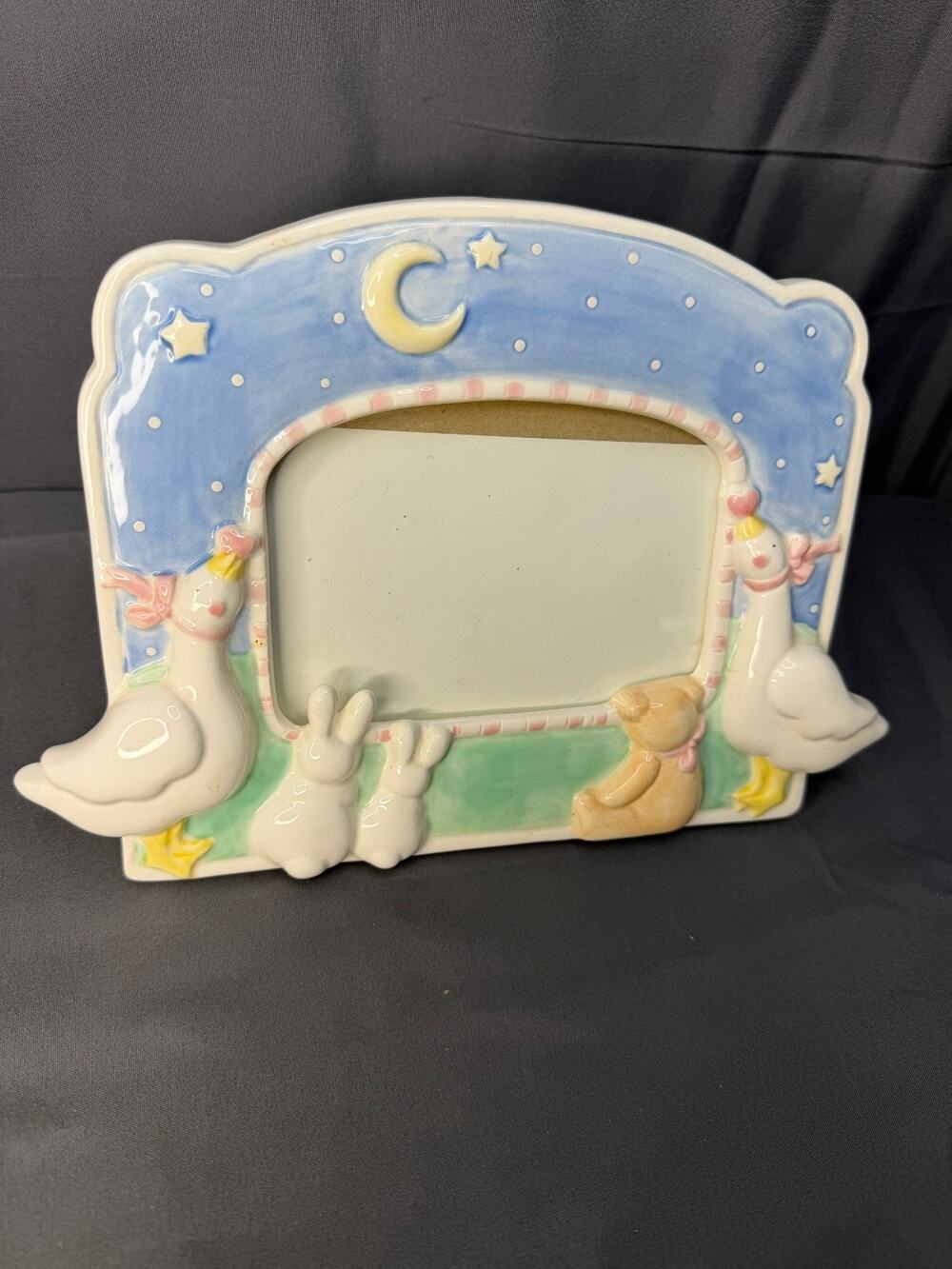 Vintage Ceramic Picture Frame Nursery Goose Bunny Bear Moon Kathy Orr